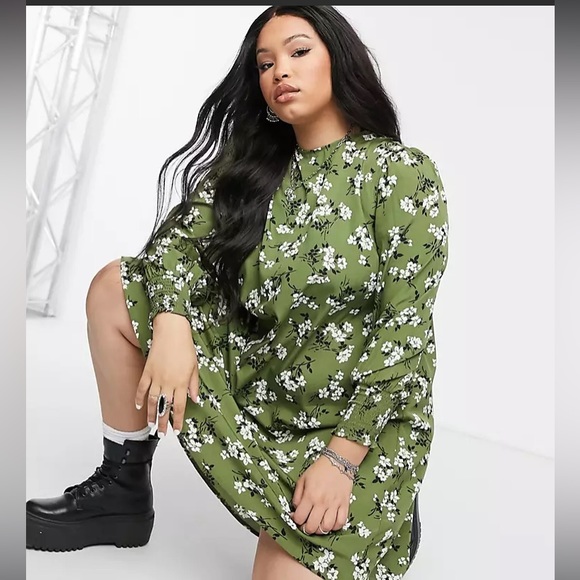 ASOS Curves New Look Avocado Green Amelie Floral Balloon Sleeve Smock Dress #RW - Picture 4 of 12